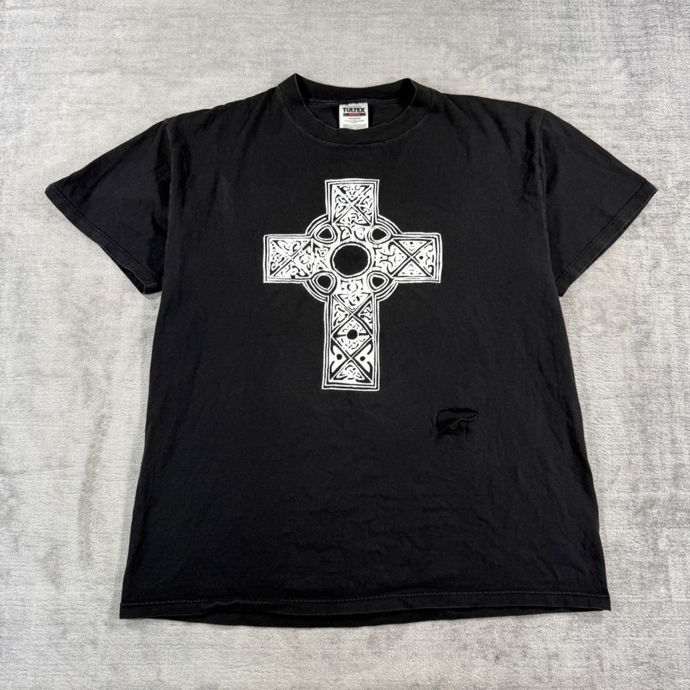 Celtic Cross Shirt Mens XL Black Vintage 90s Tultex Gothic Distressed Grunge